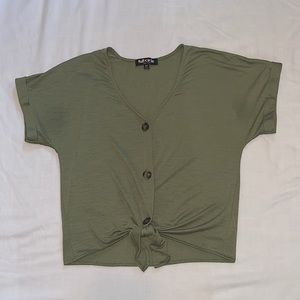 Sage/ army green V neck button down tie shirt